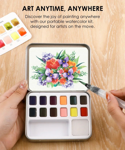 Watercolor - Pocket Set Of 12 With Brush - Floral Colors