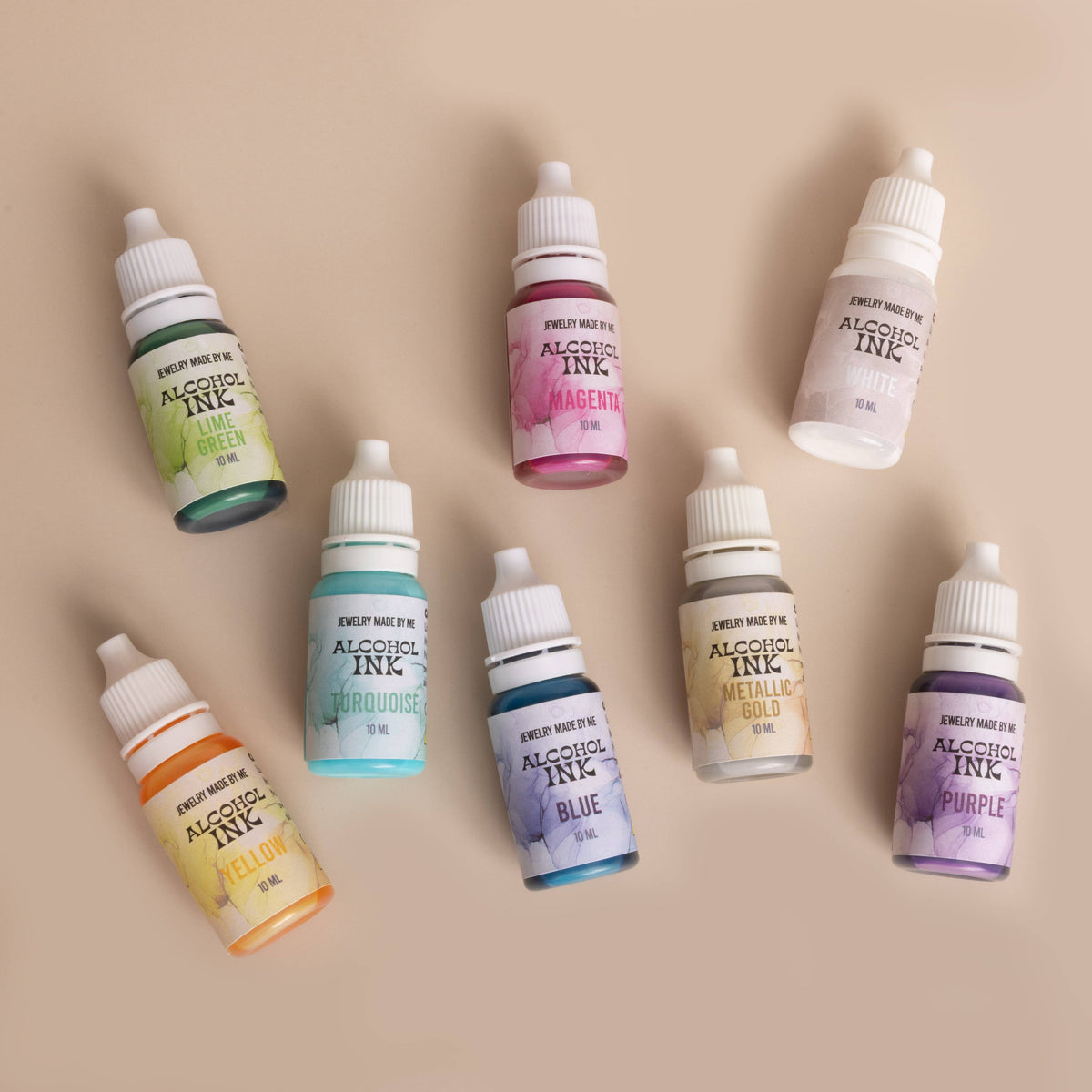 Alcohol Inks - Set of 8 Bright Colors - Pink, Blue, Yellow, Turquoise, Lime Green, Gold, and White