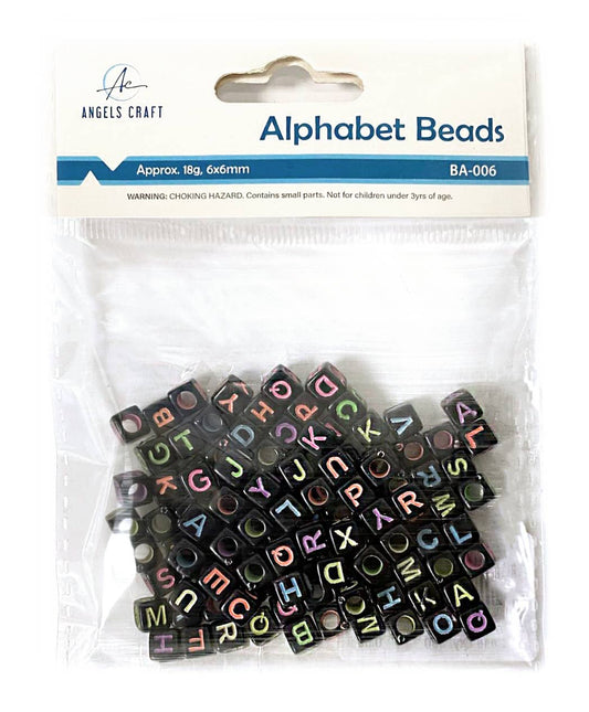 Beads - Alphabet Beads Cube Shape Black w/ multi-color letters