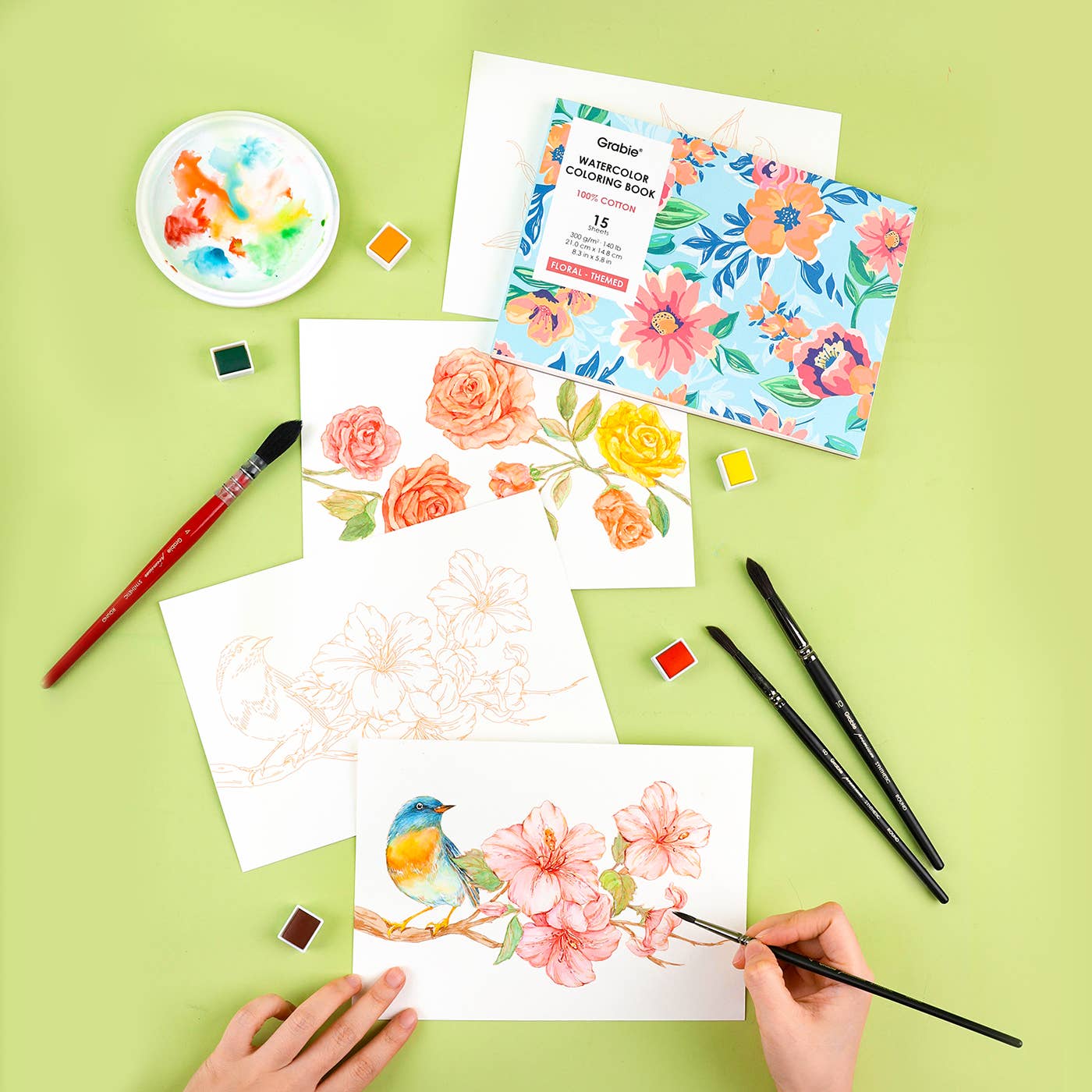 Coloring Book - 15 Sheets 140LB Floral-Themed Watercolor Coloring Book