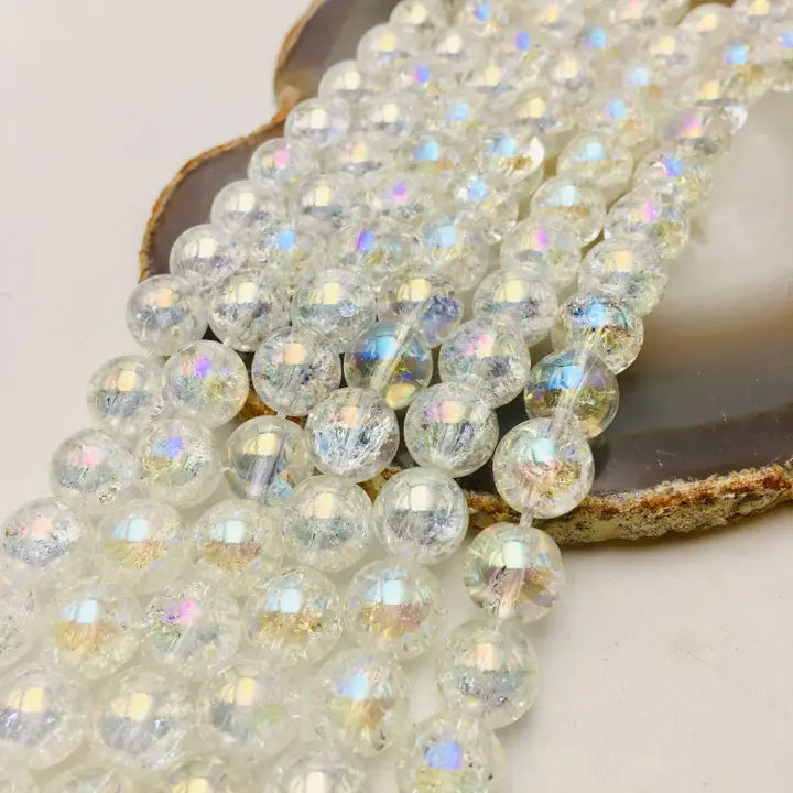 Beads - Ab Coated Crackled Quartz Crystal Smooth Round Beads 6mm Strand
