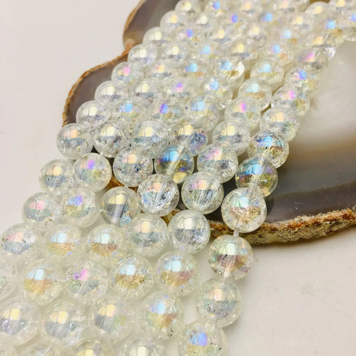 Beads - AB Coated Crackled Quartz Crystal Smooth Round Beads 8mm 15.5" Strand