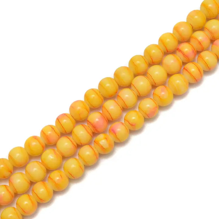 Beads - Yellow Striped Glass Beads Smooth Round 6mm 15.5" Strand