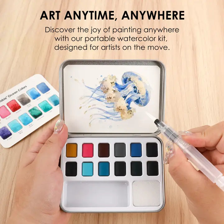 Watercolor - Pocket Set Of 12 With Brush - Ocean Colors
