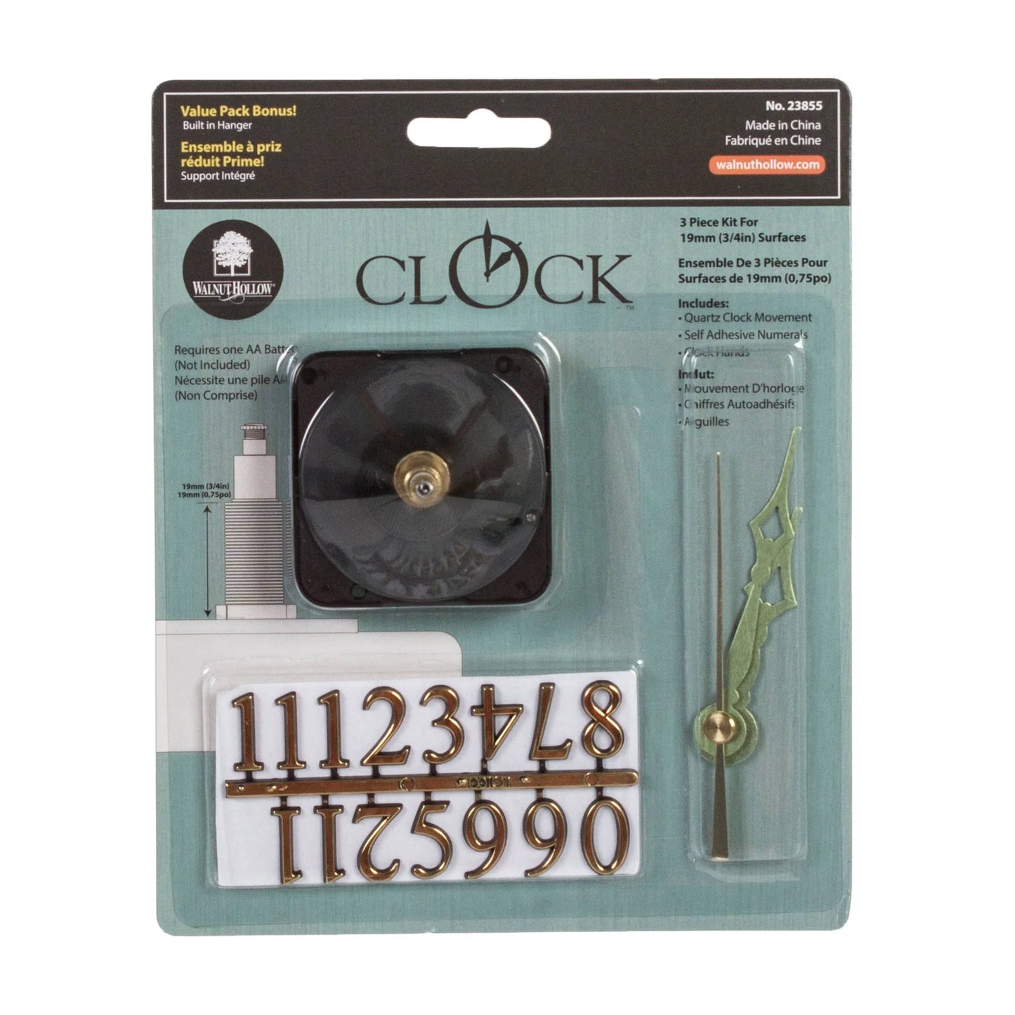 Clock Parts - Movement for 3/4" Surfaces, for Repairs or DIY