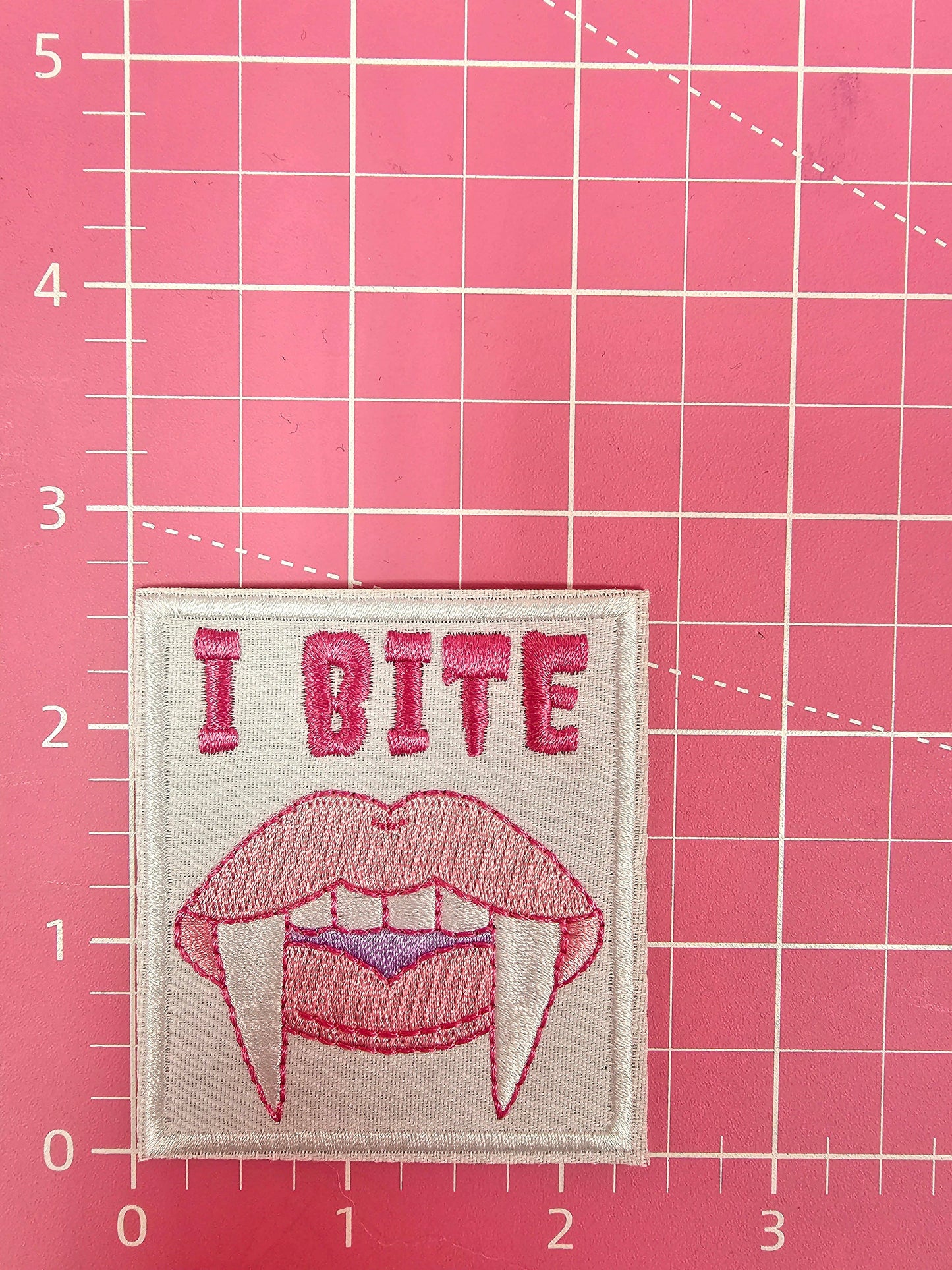 Patch - I BITE Pink Fang Vampire Lips Embroidery Iron On Patch