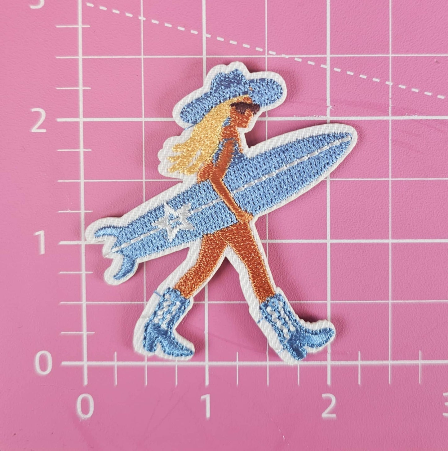 Patch - Blue Coastal Cowgirl Beach w/ Surfboard Iron On Patch