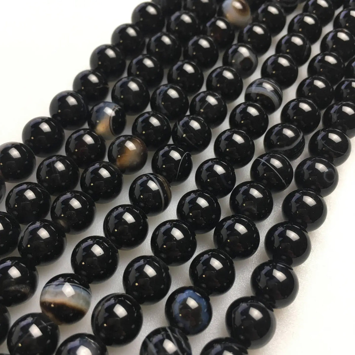 Beads - 2.0mm Large Hole Black Striped Agate Smooth Round Beads 8mm 15.5" Strand