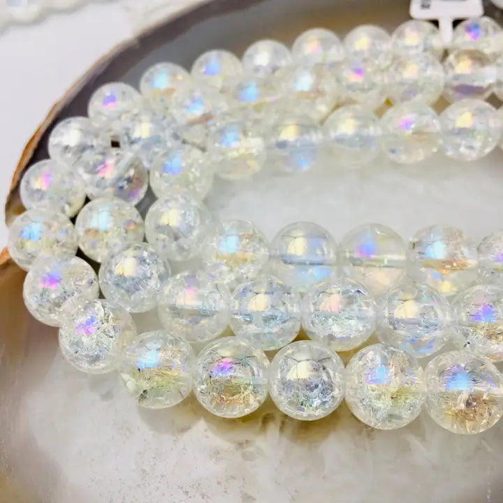 Beads - Ab Coated Crackled Quartz Crystal Smooth Round Beads 6mm Strand