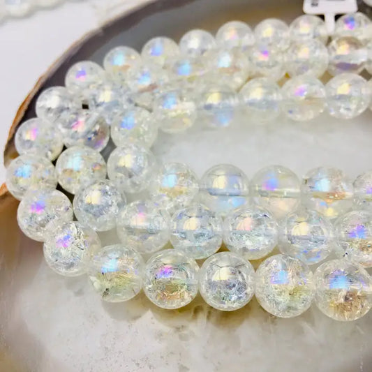 Beads - Ab Coated Crackled Quartz Crystal Smooth Round Beads 6mm Strand