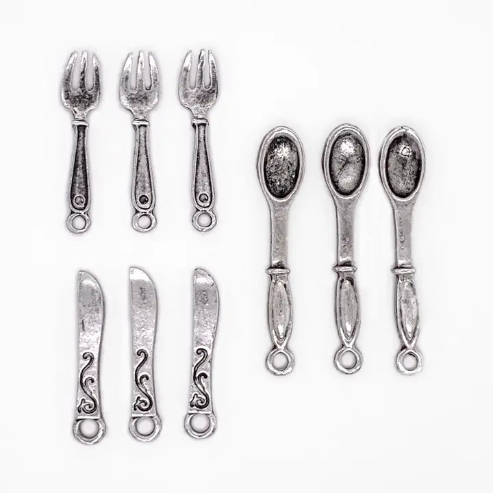 Jewelry - Mini Antique Silver Fork, Spoon, Knife Cutlery 9pc Charm Set