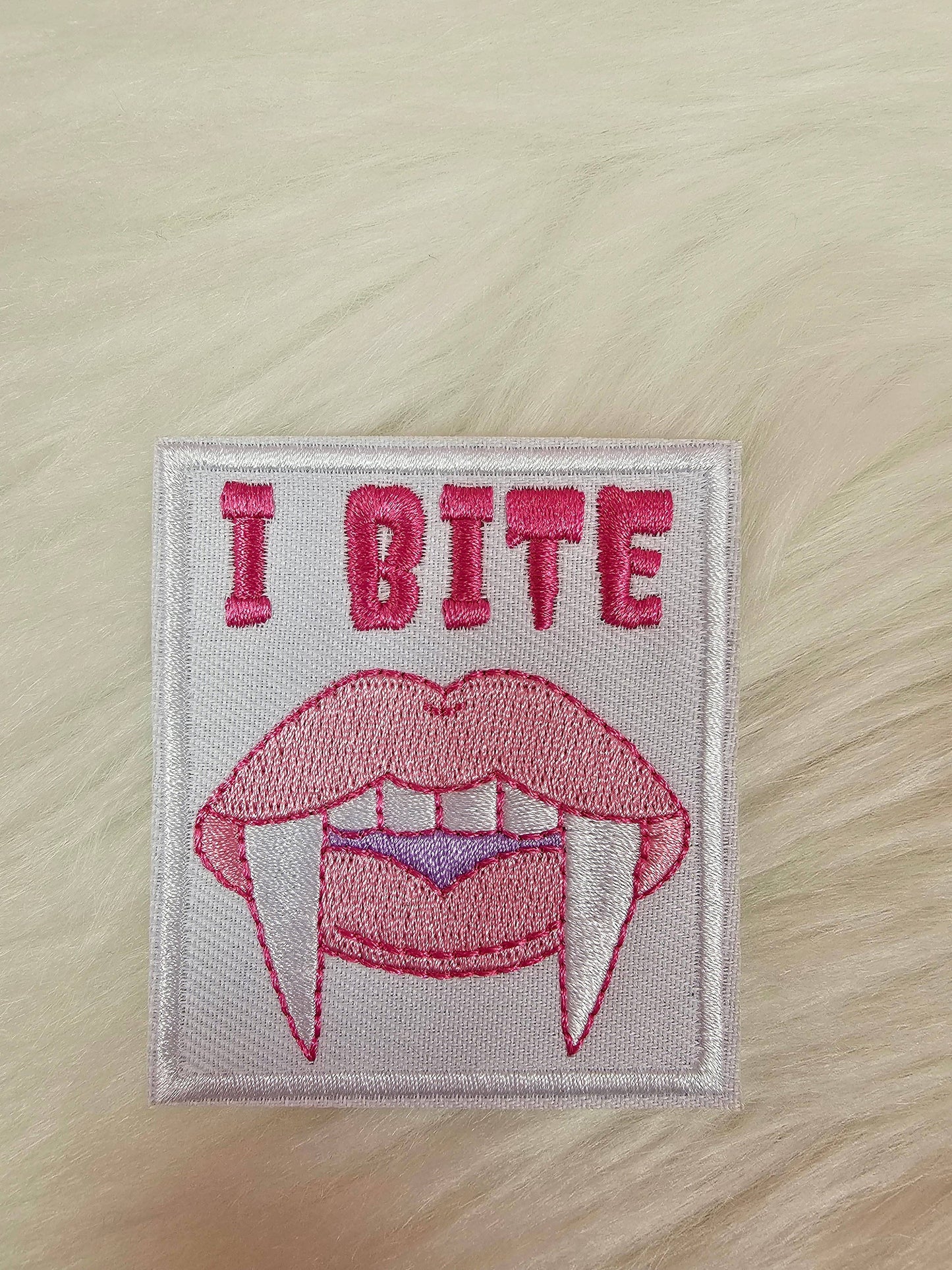 Patch - I BITE Pink Fang Vampire Lips Embroidery Iron On Patch
