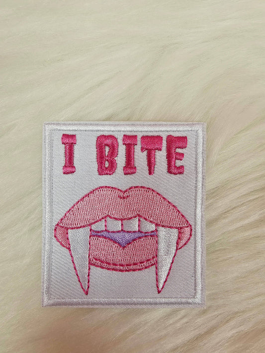 Patch - I BITE Pink Fang Vampire Lips Embroidery Iron On Patch